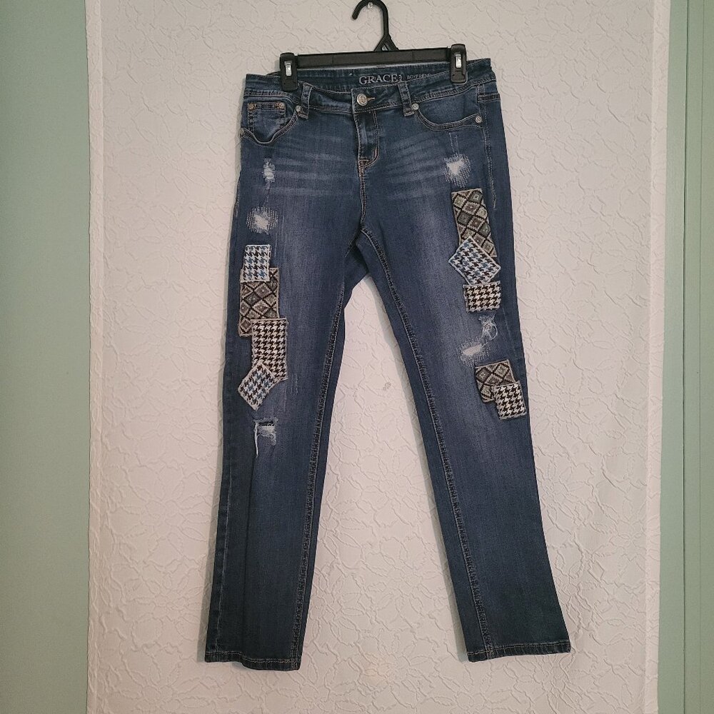 Grace in LA Blue Straight Leg Jeans with Patchwork